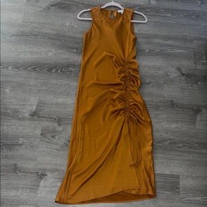 House of Harlow Elegant Ruched Orange golden Dress- crunch on the side with tie.